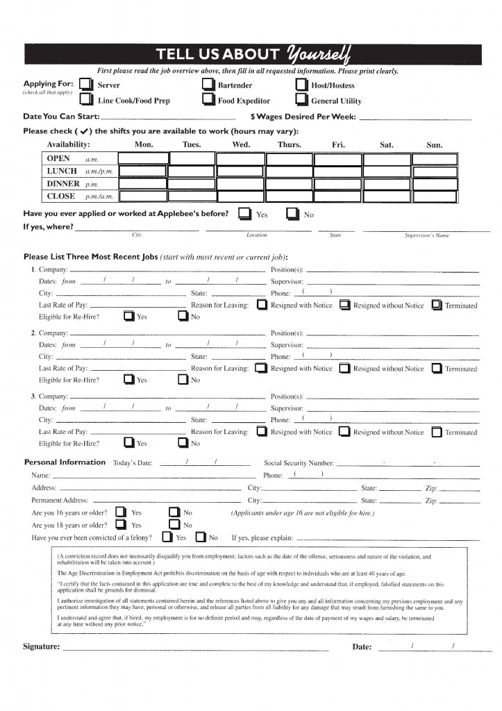 Download Applebee&#39;s Job Application Form | Fillable PDF wikiDownload