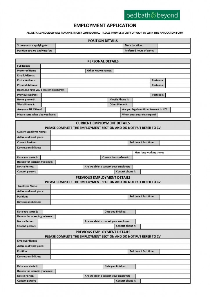 Bed Bath And Beyond Stores Employment Application Form