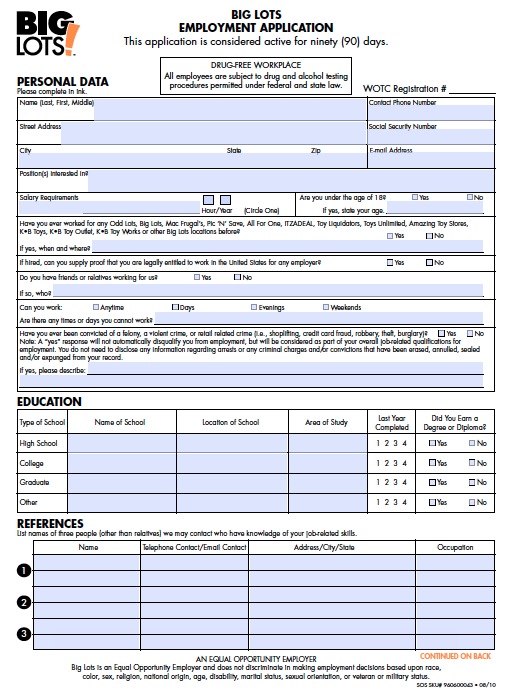 Download Big Lots Job Application Form Fillable PDF WikiDownload