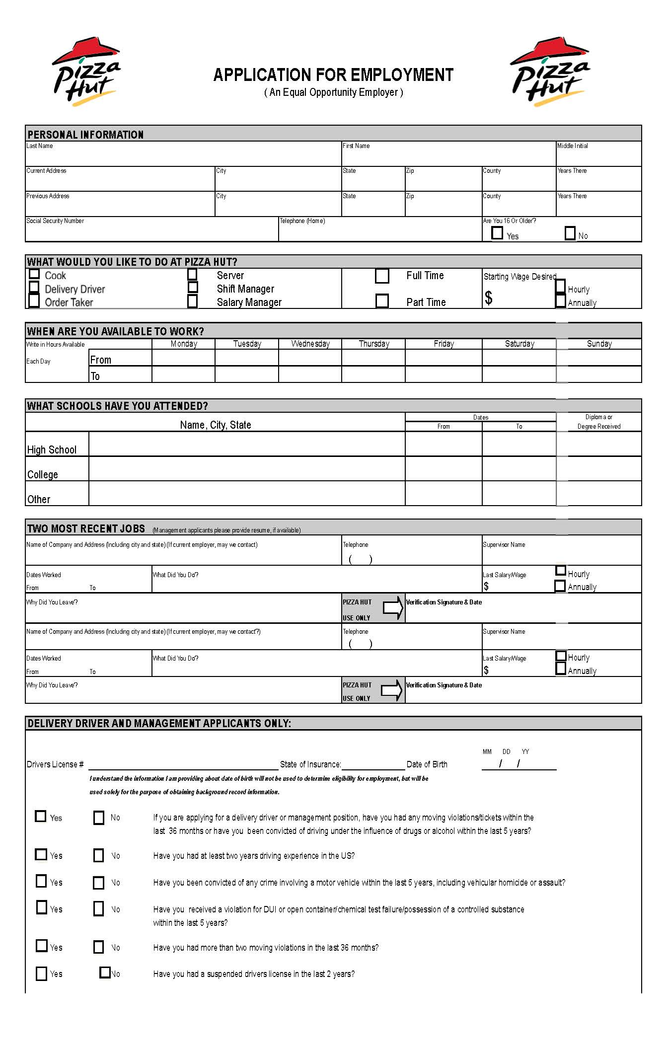 Little Caesars Pizza Job Application Form