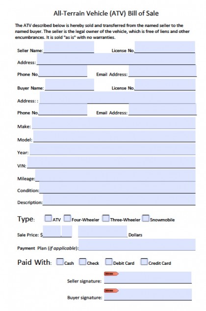 Download All Terrain Vehicle Atv Bill Of Sale Form Pdf Rtf Word