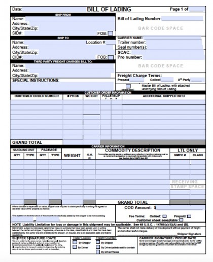 Straight bill of lading short form free