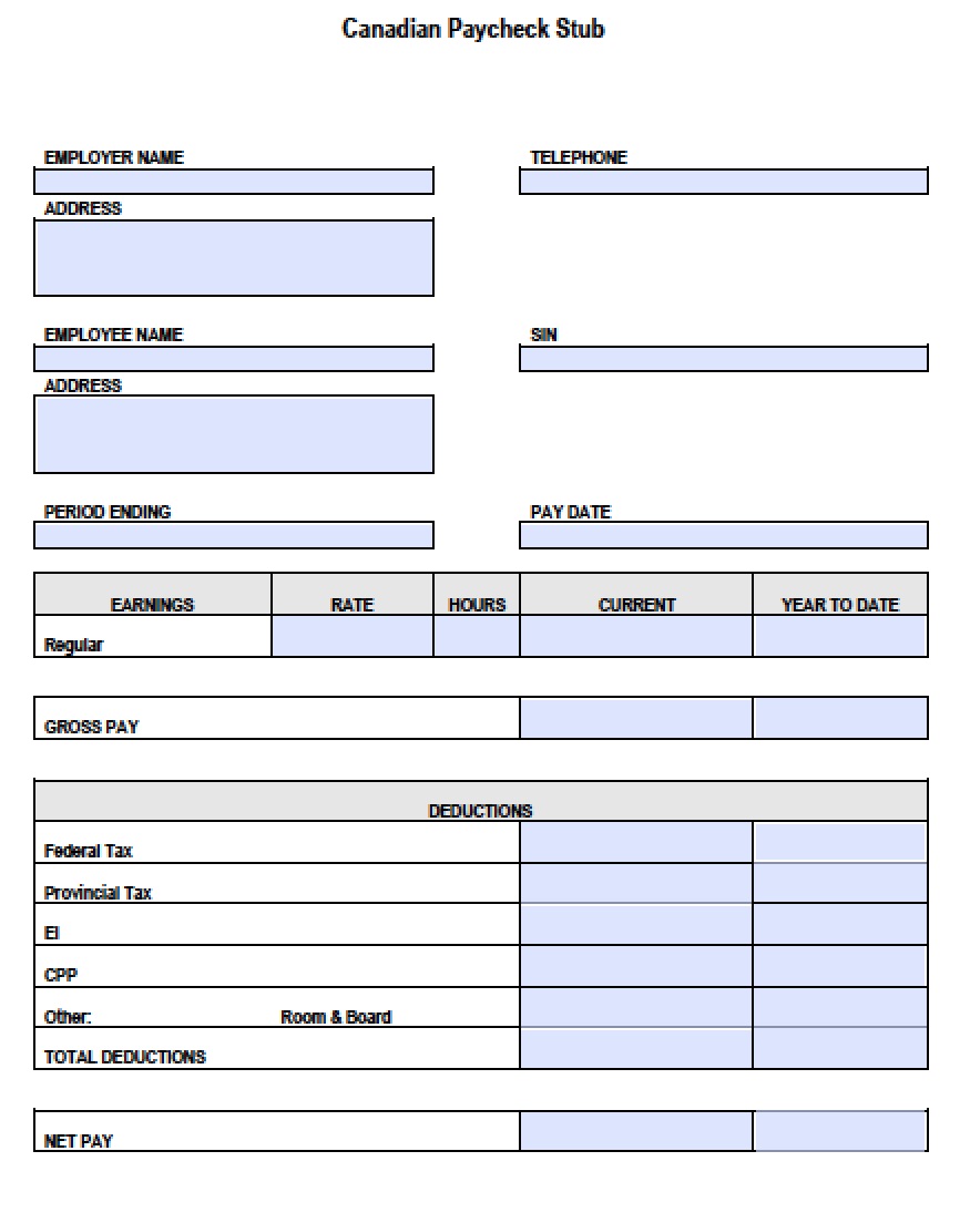 Printable Pay Stub Template Free Canada