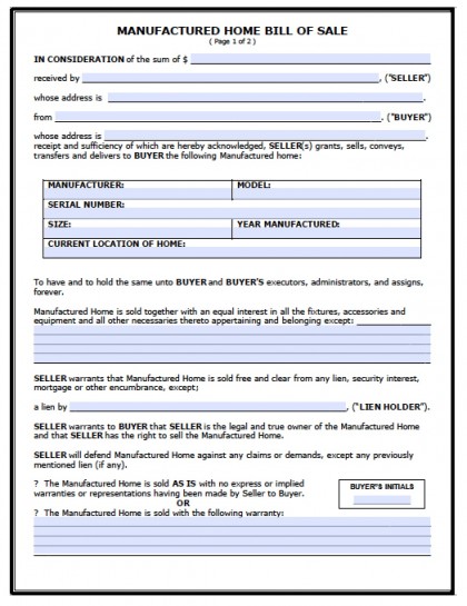 Free Printable Mobile Home Bill Of Sale Form