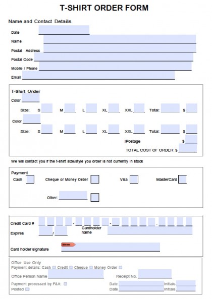 T shirt order forms template free