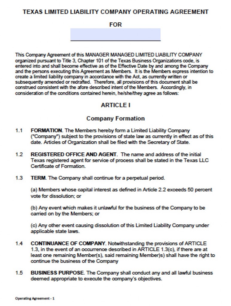 Limited Liability Operating Agreement Template