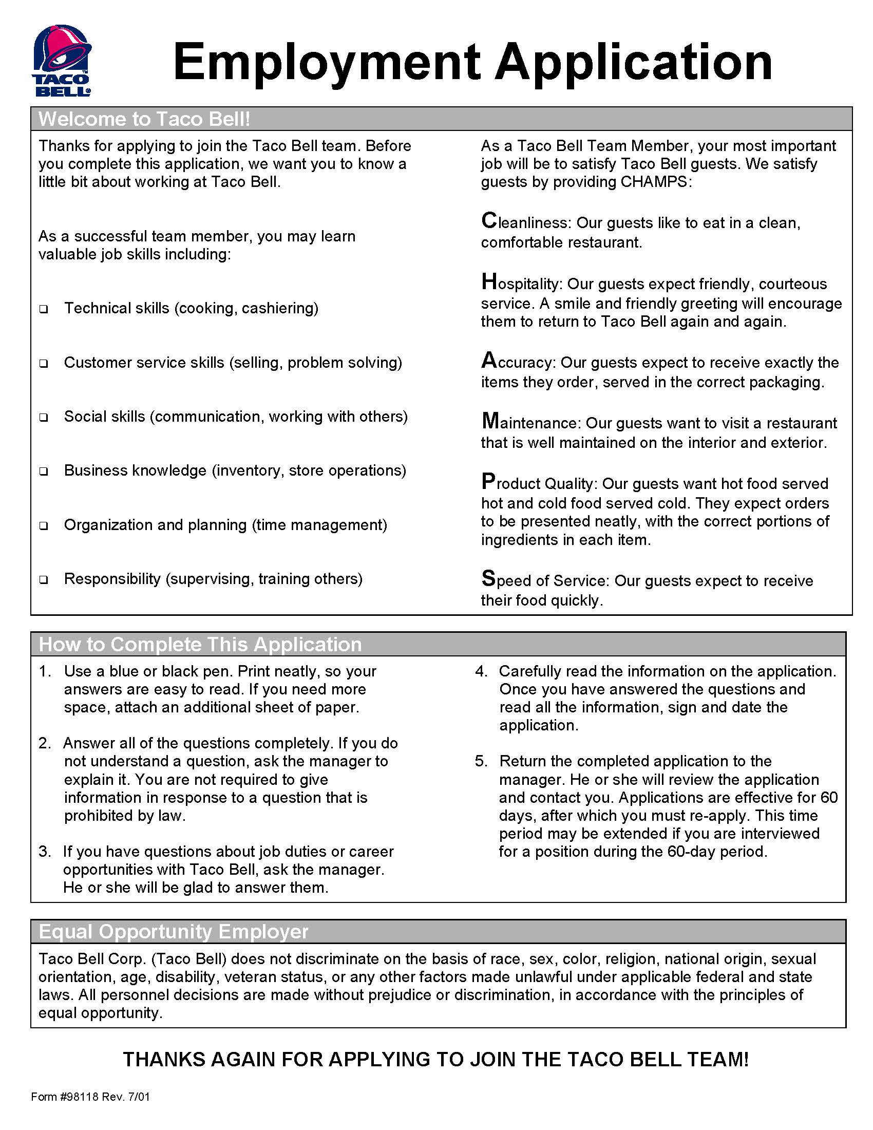Download Taco Bell Job Application Form Adobe PDF WikiDownload