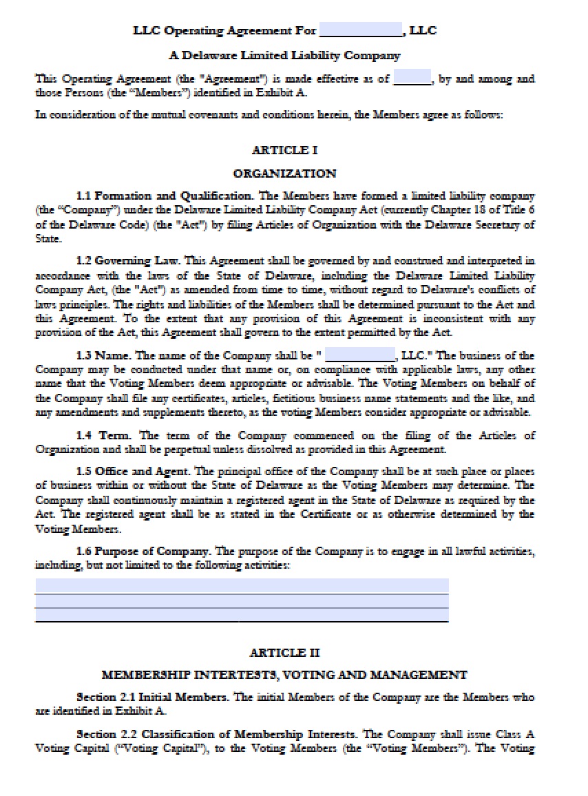 Download Delaware LLC Operating Agreement Forms and Templates | PDF ...