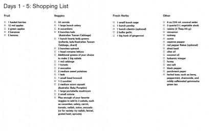 Days 1 Thru 5 Shopping List