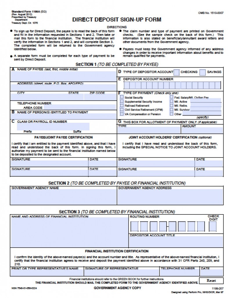 Download federal direct deposit sign up form sf 1199a 2012 fillable