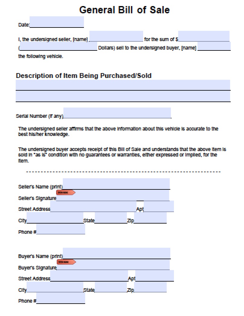 Download General Blank Bill of Sale Form  PDF  Word