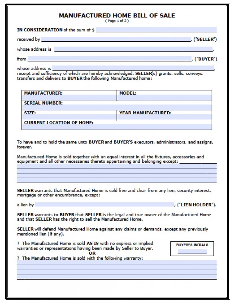 Download Manufactured (Mobile) Home Bill of Sale Form wikiDownload