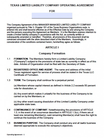 Download Texas LLC Operating Agreement Template wikiDownload