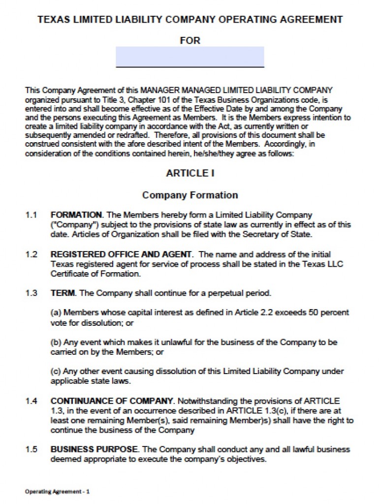 Download Texas Llc Operating Agreement Template