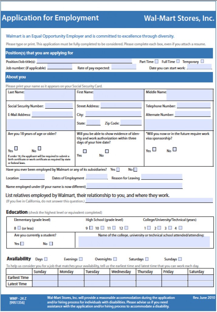 Download WalMart Job Application Form Fillable PDF WikiDownload